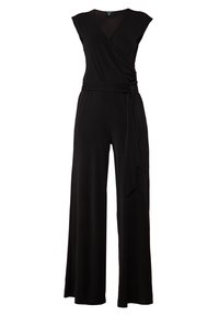 Svart jumpsuit med korta ärmar, omslagsdesign och midjeband. Har vida byxor, mjukt tyg och v-ringning. Inga mönster eller detaljer.