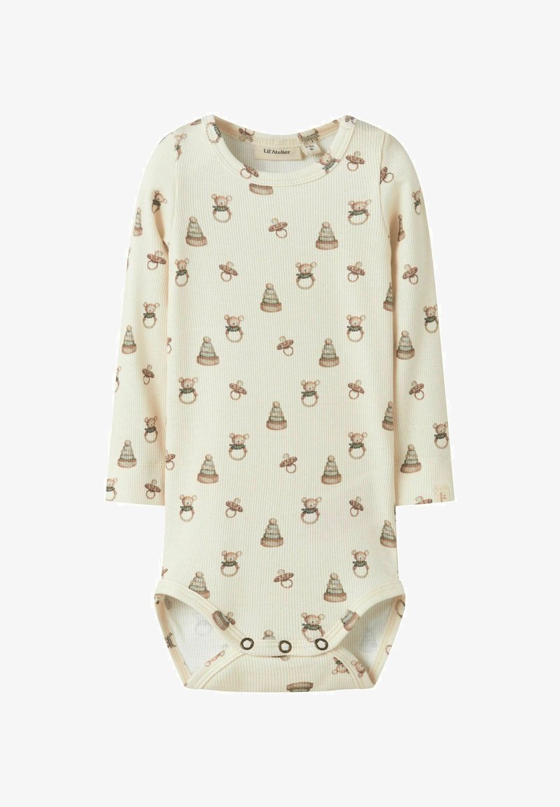 Kreminės spalvos ilgomis rankovėmis kūdikių bodysuit, pagamintas iš riboto audinio su pakartojančiu teddy meškiukų ir žaislų atvaizdu. Apatinėje dalyje yra snapeliai.