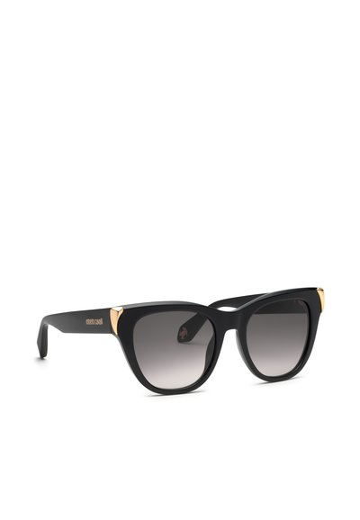 Lunettes de soleil noires en forme d'œil de chat avec verres dégradés foncés et accents dorés aux coins, avec un logo de créateur sur la branche.