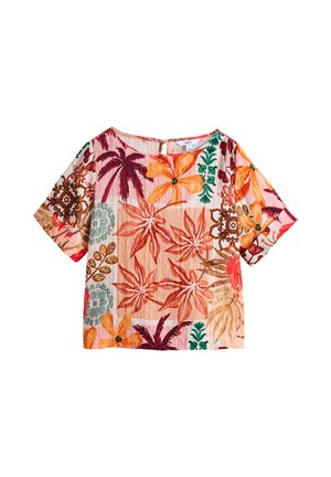 Kurzärmelige Bluse mit einem bunten tropischen Blumenmuster in Orange, Rot, Grün und Braun auf hellrosa Hintergrund.