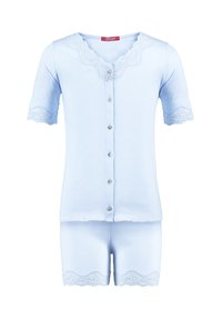 Light blue short-sleeve pajama set featuring a button-up top with lace trim and a patterned texture, complemented by matching shorts.