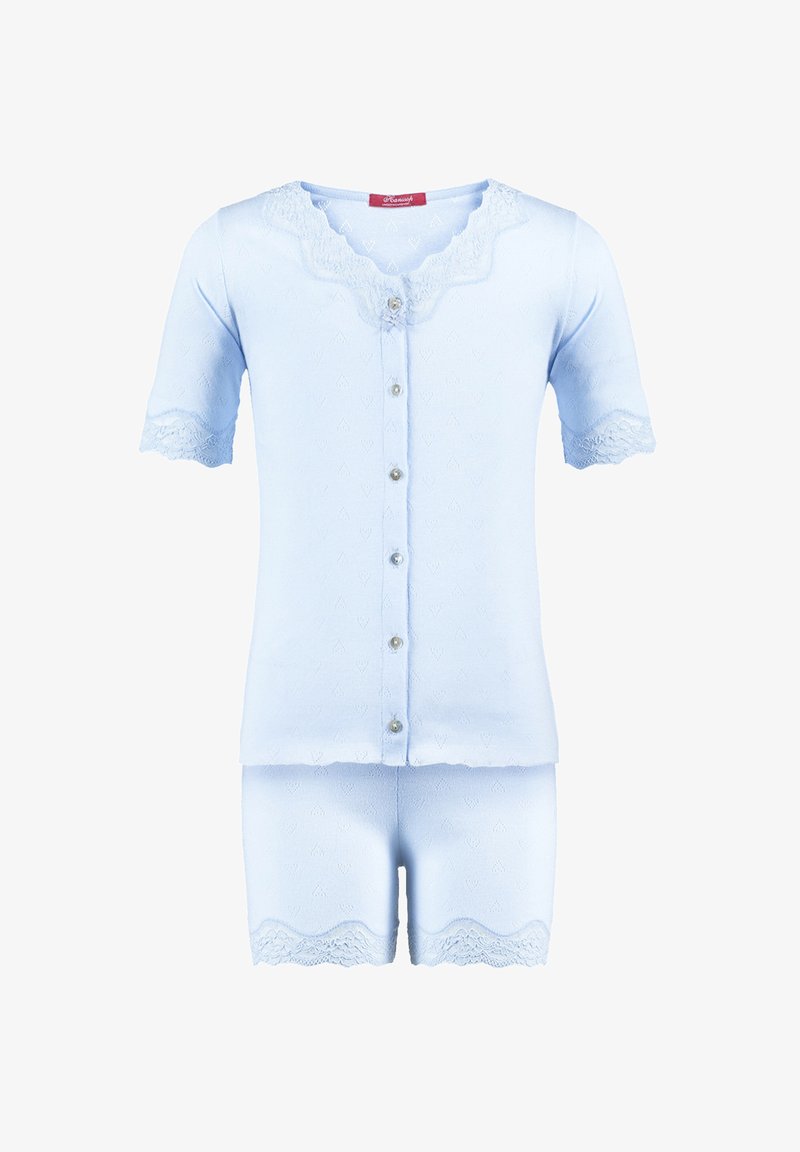 Light blue short-sleeve pajama set featuring a button-up top with lace trim and a patterned texture, complemented by matching shorts.