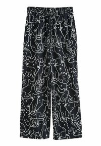 Czarne spodnie do wypoczynku z białym wzorem kotów i księżyca, wyposażone w elastyczną talię i szerokie nogawki. Miękki, lekki materiał.
