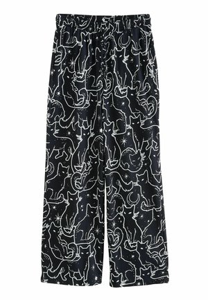 Mustad vabaajajalanõud valge kassi ja kuu mustriga, millel on elastne vöökoht ja lai sääredisain. Pehme ja kerge kangas.