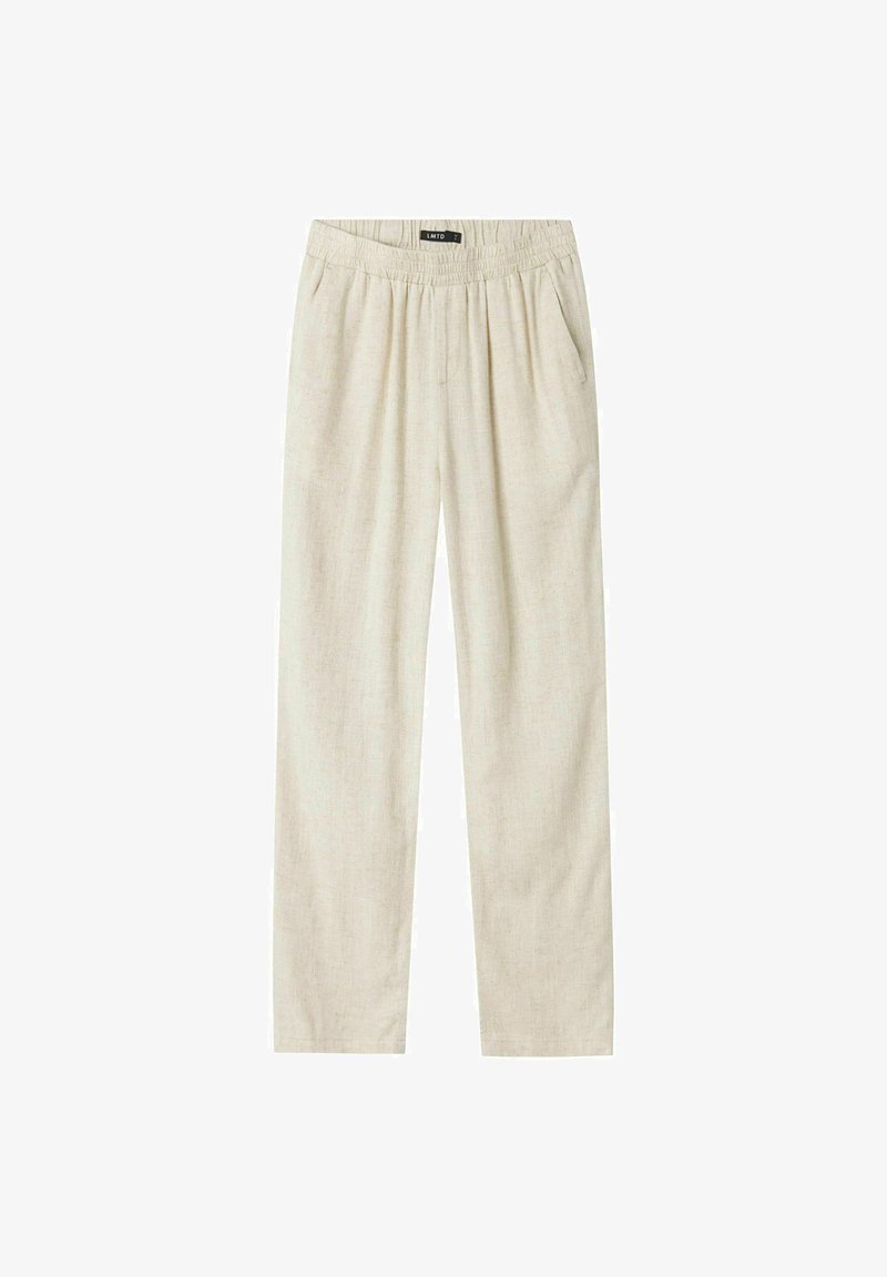 Pantaloni beige chiari realizzati in un tessuto testurizzato e traspirante. Presentano una vita elastica e tasche laterali, con un design a gamba dritta.