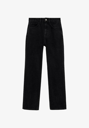 Black denim jeans with a straight cut, featuring a classic five-pocket design and a metal button closure at the waist.