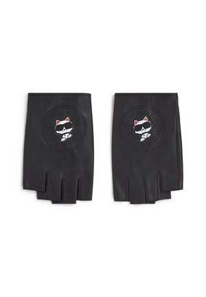 Mustat sormettomat nahkahansikkaat, joissa on rei'itetty ympyrä ja takana kirjailtuna siisti aurinkolasipäinen kissa.