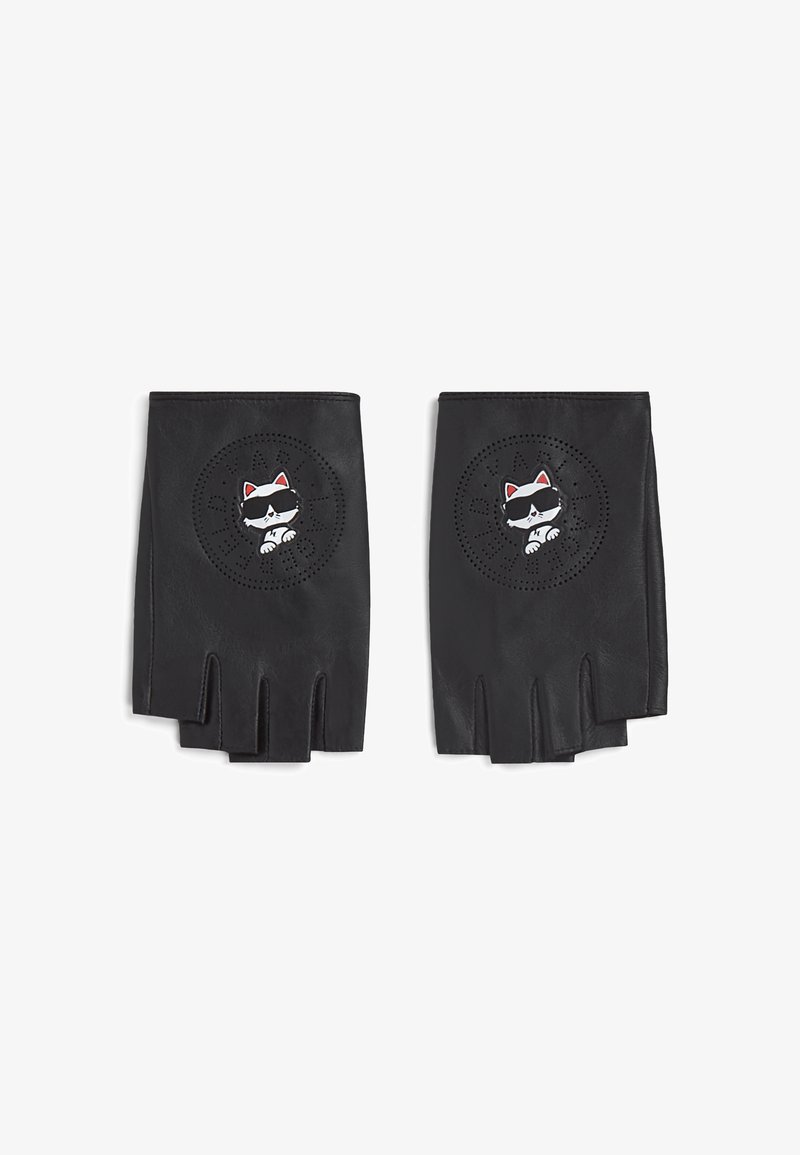 Μαύρα δερμάτινα γάντια χωρίς δάχτυλα με μια διάτρητη κύκλου και κεντημένη εικόνα ενός κουλ γάτου με γυαλιά ηλίου στο πίσω μέρος.