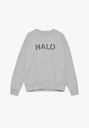 Szara bluza z bawełny, z okrągłym dekoltem, długimi rękawami i ściągaczem u dołu. Z przodu znajduje się napis "HALO" dużymi czarnymi literami.