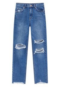 Vaqueros de mezclilla azul con cintura alta, con rotos desgastados en las rodillas, dobladillo sin rematar y un diseño clásico de cinco bolsillos.