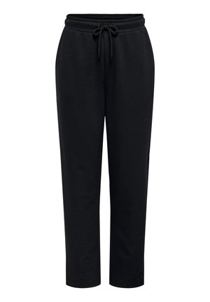 Pantalon de sport noir avec taille élastique et cordon de serrage, coupe droite, et poches latérales sur fond blanc.