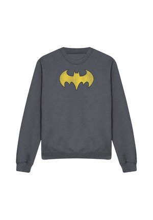 Dark gray long-sleeve sweatshirt with a faded yellow Batman logo centered on the chest, crew neckline, and ribbed cuffs and hem.