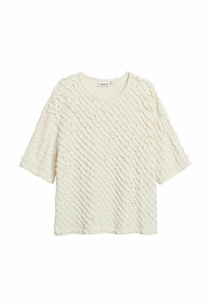 Witte top met korte mouwen met een getextureerd, golvend patroon en een ronde halslijn. De stof lijkt zacht en lichtgewicht.