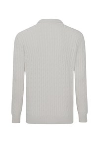 Suéter de punto gris claro con un patrón de trenzas, mangas largas y cuello con solapa. Presenta puños y dobladillo acanalados para un ajuste ceñido.