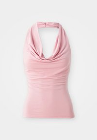 Light pink halter top with cowl neckline, gathered fabric detailing, and fitted silhouette, made of smooth, stretchy material.