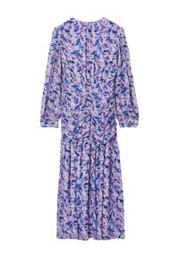 Abito a maniche lunghe in tessuto lilla con stampa floreale in blu e viola. Presenta dettagli arricciati in vita e gonna ampia.