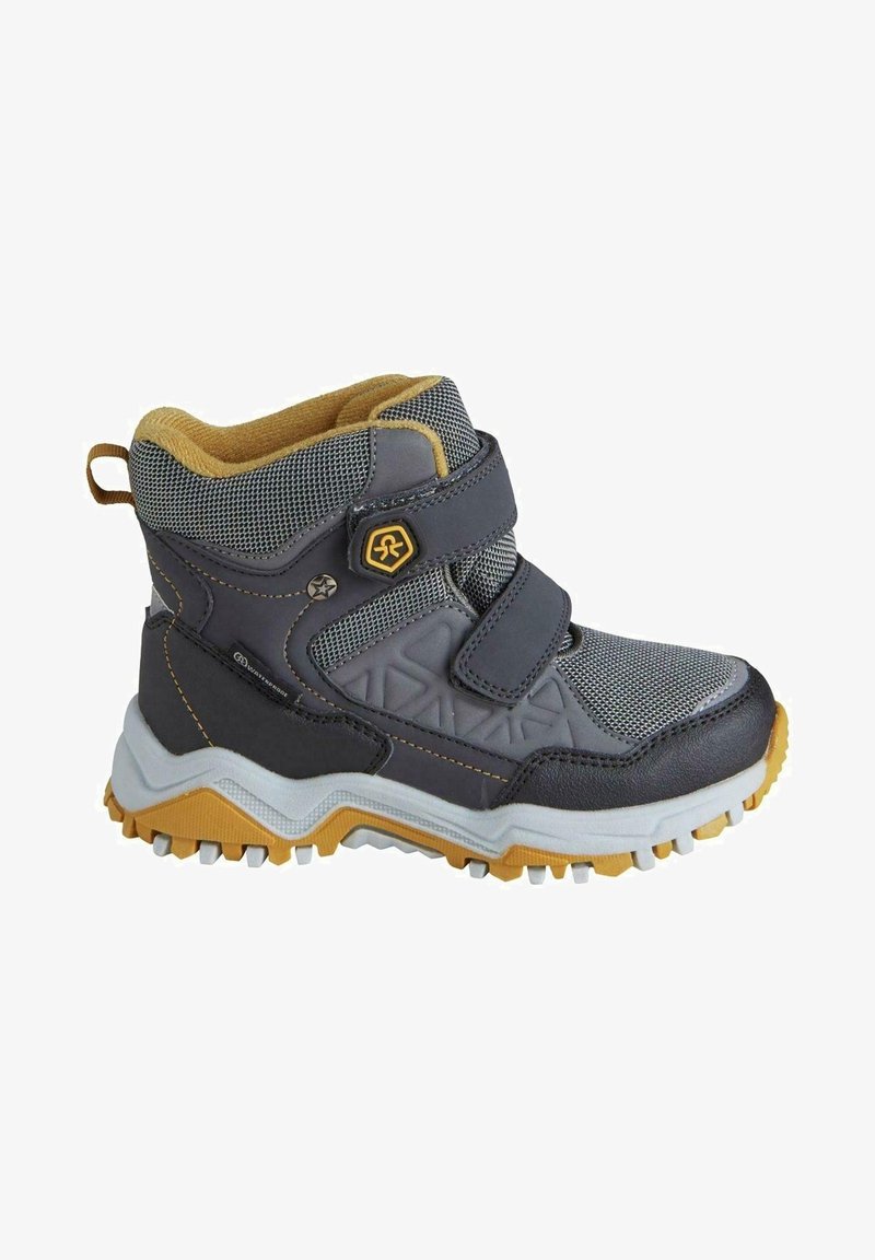 Stivale da escursionismo per bambini grigio e nero con tomaia in mesh texture, fascia in velcro, dettagli gialli e suola in gomma robusta.