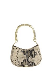 Schlangenmuster-Handtasche mit geschwungener Form, in Beige- und Schwarztönen, mit einer strukturierten Oberfläche und einem goldenen Griff im Bambus-Stil.