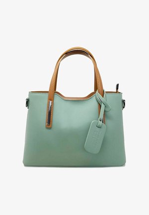 Borsa a tracolla verde menta con texture liscia, accenti in pelle marrone, manici doppi e chiusura con zip. Include un'etichetta staccabile.