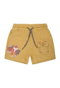 Pantalones cortos de algodón amarillos con una cintura elástica, que presentan un gráfico juguetón de un tigre en la pierna izquierda y un bolsillo con acentos de tigre.