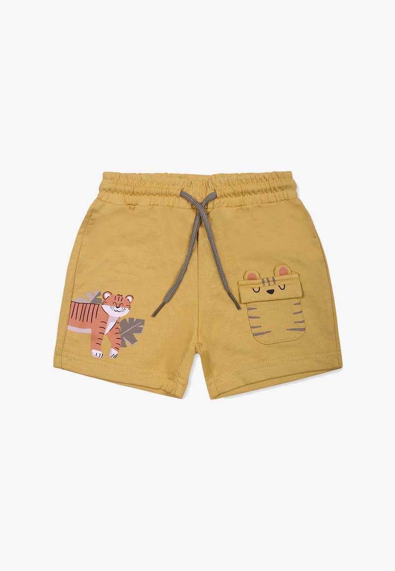 Pantalones cortos de algodón amarillos con una cintura elástica, que presentan un gráfico juguetón de un tigre en la pierna izquierda y un bolsillo con acentos de tigre.