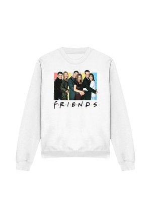 White sweatshirt featuring six people standing closely in pairs with colorful blocks behind them and the word "FRIENDS" below.