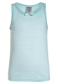 Light blue tank top with thin white stripes. Features a scalloped neckline and armholes, with a small bow accent at the front.