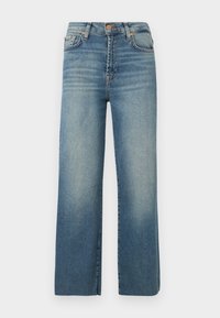 Jeans azuis de perna larga feitos de denim, com um acabamento desbotado, design de cinco bolsos, fecho de botão e passantes para cinto, com um ajuste reto e confortável.