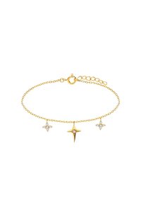 Gouden kettingarmband met drie decoratieve bedels: één stervormige en twee diamantachtige accenten, met een karabijnsluiting en een verstelbare ketting.