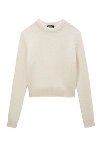 Pull crème en tricot texturé, avec un col rond et des poignets côtelés, au design court. Aucun matériel ou motif visible.