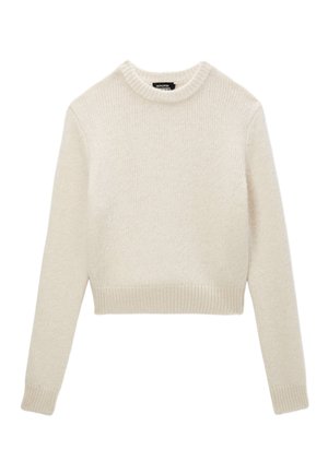 Pull crème en tricot texturé, avec un col rond et des poignets côtelés, au design court. Aucun matériel ou motif visible.