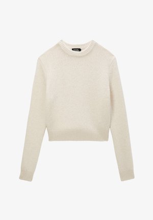 Pull crème en tricot texturé, avec un col rond et des poignets côtelés, au design court. Aucun matériel ou motif visible.