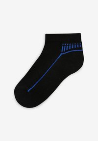 Calcetín negro hasta el tobillo con un diseño de rayas diagonales azules y ribete acanalado. Fabricado con un material suave y elástico para mayor comodidad.