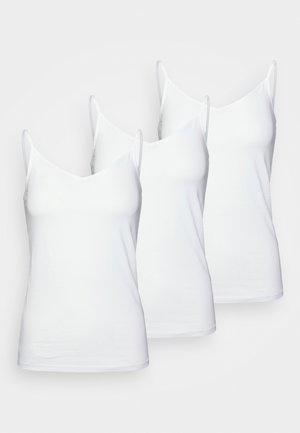 Three white tank tops with thin spaghetti straps, made of smooth cotton fabric; featuring a v-neckline and a fitted design.