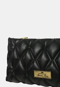 Borsa a tracolla in pelle nera trapuntata con hardware dorato e etichetta del marchio impressa. Presenta cuciture a forma di diamante e una texture liscia.