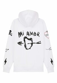Biela mikina s kapucňou a čiernymi grafikami, vrátane nápisu "Mi Amor", srdiečok, šípok, lebiek a bleskových vzorov na rukávoch. Bavlnený materiál.