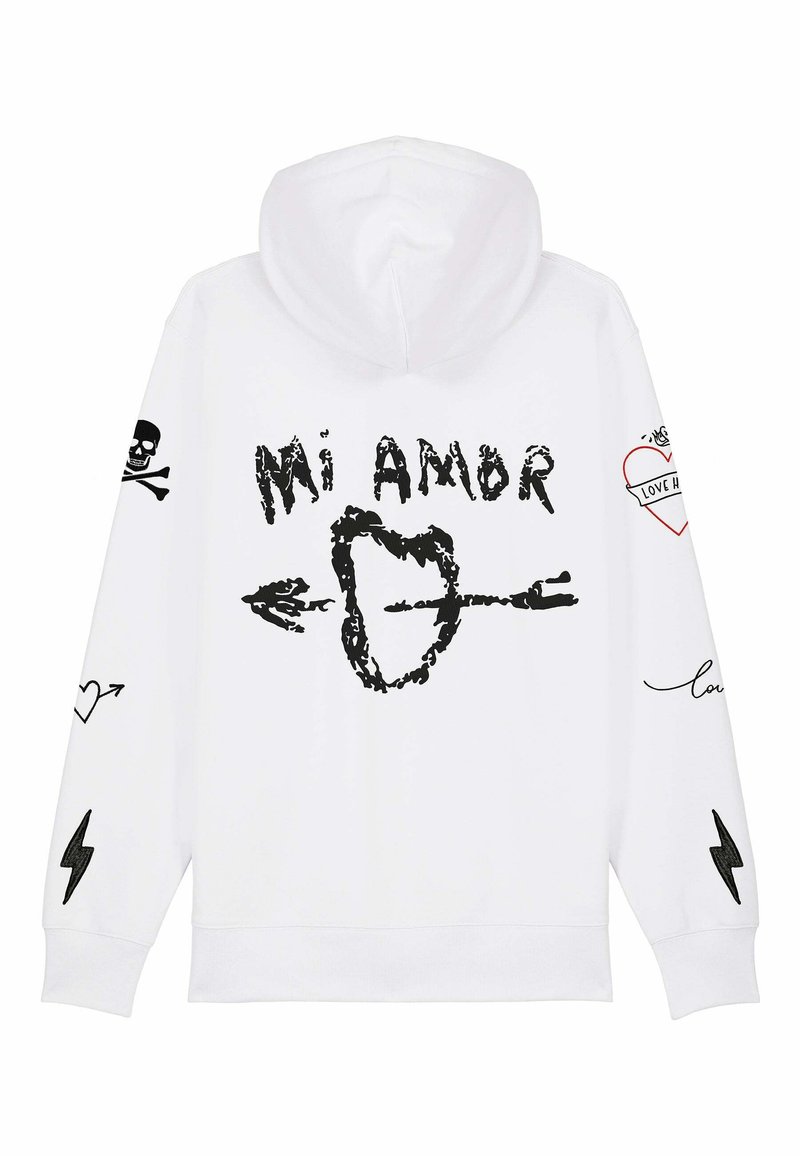 Biela mikina s kapucňou a čiernymi grafikami, vrátane nápisu "Mi Amor", srdiečok, šípok, lebiek a bleskových vzorov na rukávoch. Bavlnený materiál.