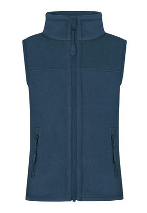 Dunkelblauer Fleece-Weste mit hohem Kragen, durchgehendem Reißverschluss und zwei seitlichen Taschen. Glatte Textur mit tailliertem Schnitt und ohne Ärmel.