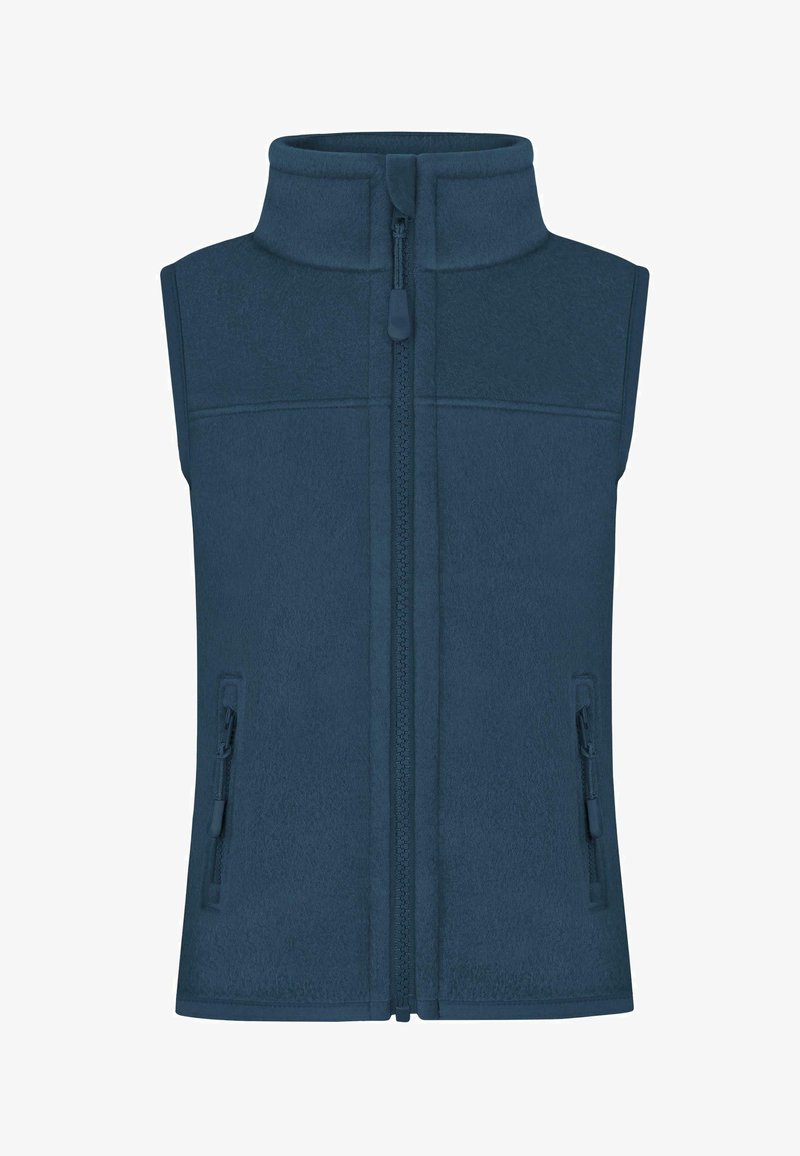 Dunkelblauer Fleece-Weste mit hohem Kragen, durchgehendem Reißverschluss und zwei seitlichen Taschen. Glatte Textur mit tailliertem Schnitt und ohne Ärmel.