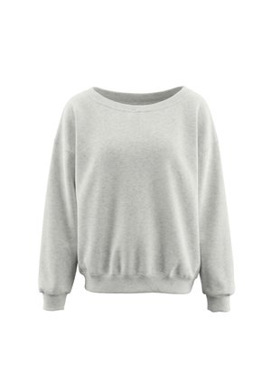 Világosszürke, hosszú ujjú pulóver bordázott mandzsettákkal, derékrésszel és széles, kerek nyakkivágással, fehér háttéren.