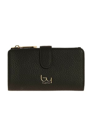 Portafoglio in pelle nera testurizzata con cerniera dorata, chiusura a scatto e logo dorato "byblos" centrato sulla parte frontale.