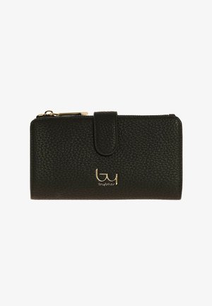 Portafoglio in pelle nera testurizzata con cerniera dorata, chiusura a scatto e logo dorato "byblos" centrato sulla parte frontale.