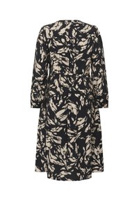 Robe à manches longues noire avec un motif abstrait beige, dotée d'un col rond, d'une ceinture à la taille et d'une coupe ample et fluide.