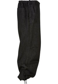 Sort løstsiddende bukser lavet af denim med en elastisk talje, snorelukning og to sidelommer. Struktureret stof med en subtil glans.