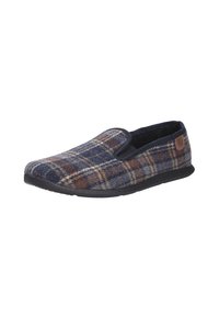 Pantofole a quadretti in blu, marrone e beige, realizzate in tessuto di lana con suola in gomma nera, dotate di pannelli laterali elasticizzati per una facile calzata.