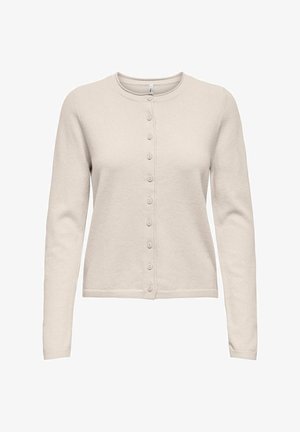 Cardigan beige clair en tissu doux, avec des manches longues, un col rond et une fermeture à boutons à l'avant avec huit boutons.