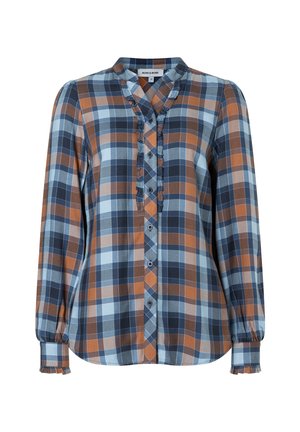 Langärmlige karierte Bluse in Blau, Braun und Weiß mit gerüschter Knopfleiste vorne und gesammelten Manschetten.