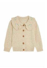 Beige neulejakku, jossa on suuri kaulus, pastelliväreissä olevia kukka-embroideryja ja puiset napit edessä. Ribbaavat hihansuut ja helma.