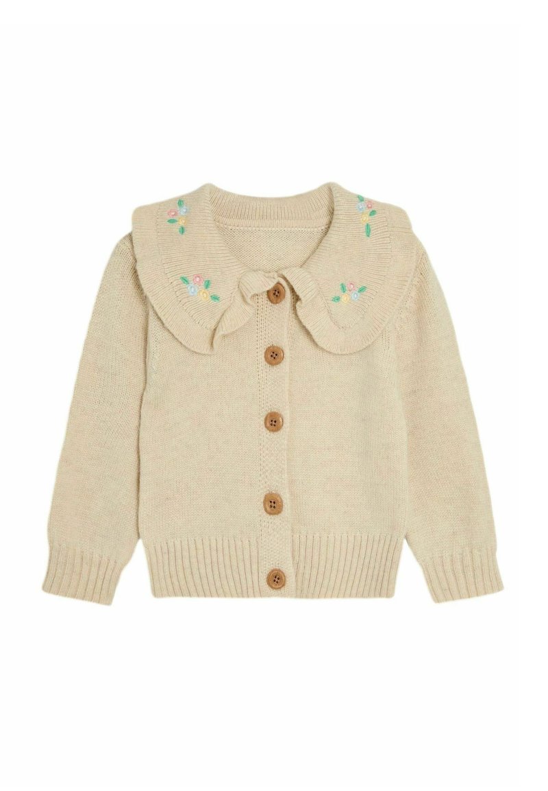 Beige neulejakku, jossa on suuri kaulus, pastelliväreissä olevia kukka-embroideryja ja puiset napit edessä. Ribbaavat hihansuut ja helma.
