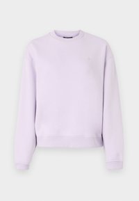 Sweatshirt din lavandă cu guler rotund, mâneci lungi, manșete și tiv cu zgârietură, și un mic logo brodat pe partea stângă a pieptului.